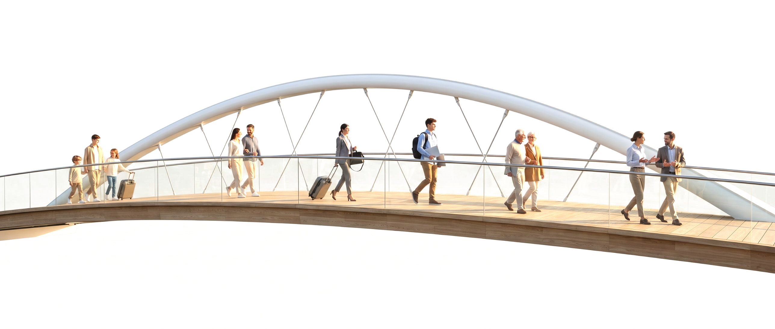 Une passerelle à arche que traversent des familles, des seniors, de jeunes actifs et des collègues en tenue professionnelle.
